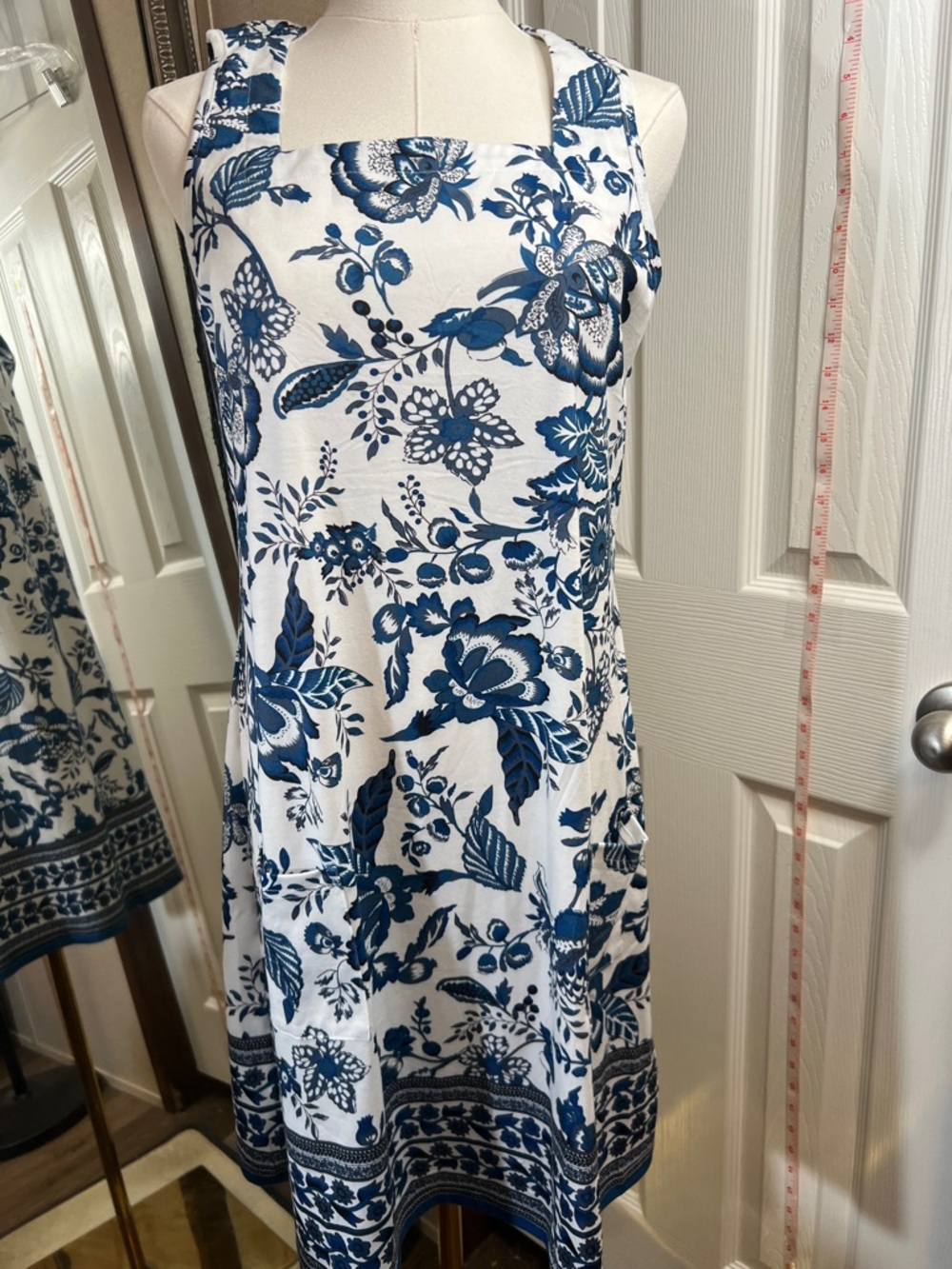 Blue & White Floral Square-Neck Midi Dress